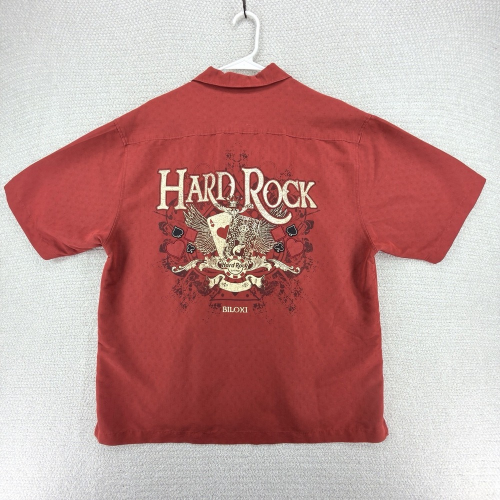 Hard Rock Casino Biloxi Bowling Shirt Mens Large Red Button Up S/S Poker Cards